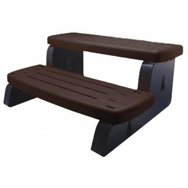 The Spa Step WW-Cinnamon 33IN is a two-step plastic stair with wide steps and sturdy, curved side supports, ideal for hot tubs, pools, or other raised surfaces.