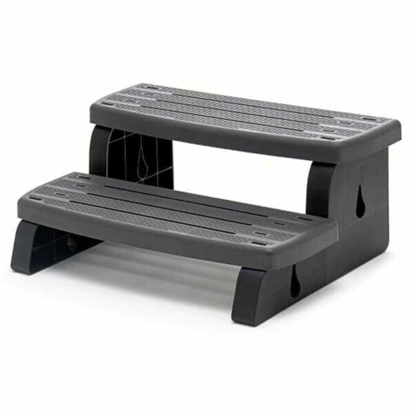 The Spa Step WW-Graphite 33IN is a black, two-step plastic stool with textured surfaces for secure footing and open space beneath each step—ideal for reaching high shelves or as a step for children or pets.