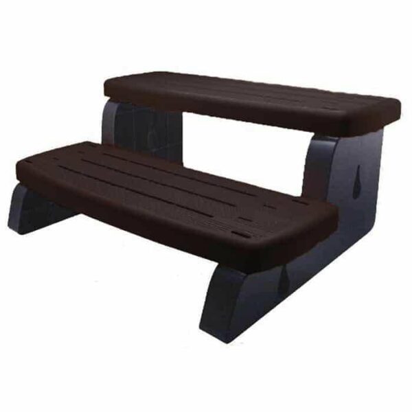 The Spa Step WW-Mocha 33IN is a two-step, dark brown plastic spa step with slatted surfaces, designed for easy access to raised hot tubs, pools, or platforms.