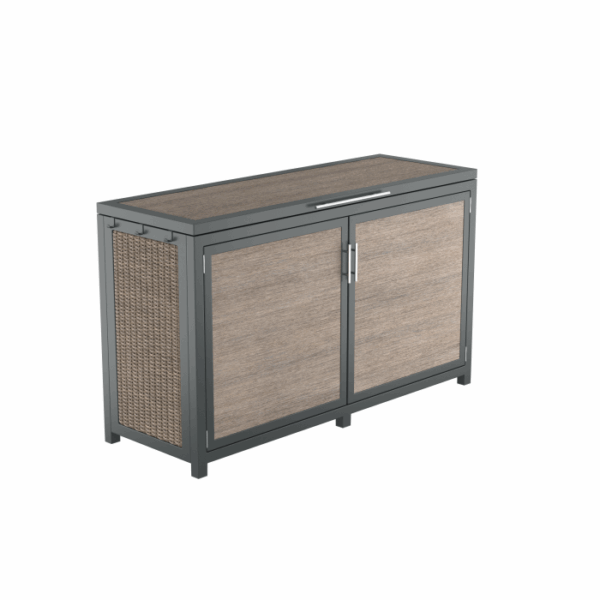 The Telluride Spa Storage Brown is a rectangular cabinet with a black metal frame, two wooden doors with silver handles, and wicker paneling on one side, set against a white background.