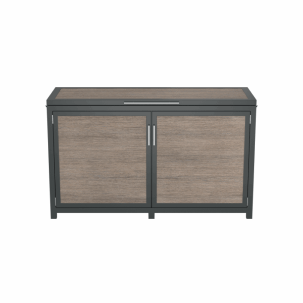 The Telluride Spa Storage Brown is a modern sideboard cabinet with a black metal frame and two large light brown wooden doors featuring sleek silver handles, shown against a white background.