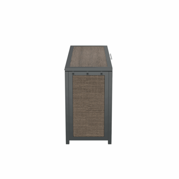 Side view of the Telluride Spa Storage Brown, a rectangular outdoor storage box with a dark metal frame and woven rattan-style panels, displayed against a plain white background.