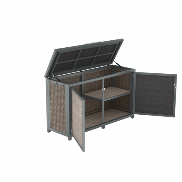 The Telluride Spa Storage Brown cabinet features a hinged top lid and two open front doors showcasing an interior shelf. Its sides and doors have a woven texture, complemented by a dark frame.