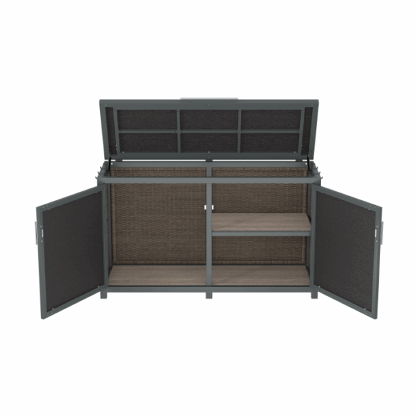 The Telluride Spa Storage Brown cabinet features open double front doors and a top lid, revealing two shelves on the right, an open compartment on the left, and a woven-texture back panel.