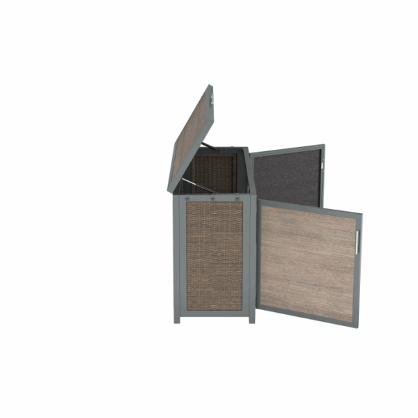 The Telluride Spa Storage Brown features a woven front panel and stands on four legs. Shown with both its top lid and side door open, the brown box reveals its spacious interior against a white background.