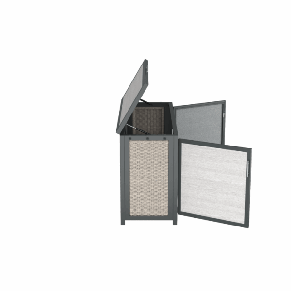 The Telluride Spa Storage Grey is a rectangular outdoor box with a hinged lid and front door, both open. It features a wicker-style texture on one side, a light wood-like panel on the other, and a dark metal frame.
