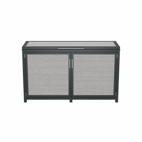 The Telluride Spa Storage Grey is a modern sideboard with a dark frame, light wood-textured double doors, and sleek silver handles, shown against a white background.