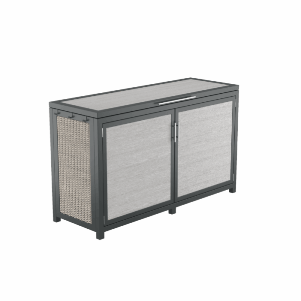 The Telluride Spa Storage Grey is a modern outdoor cabinet with a dark metal frame, light gray doors, matching gray top, and wicker-style side panel. It features two front doors and a sleek, minimalist design.
