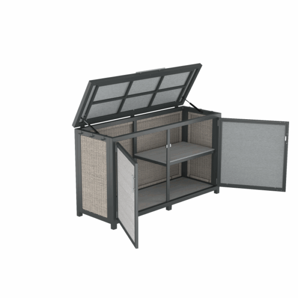 The Telluride Spa Storage Grey cabinet features a hinged lid, double front doors, two interior shelves, and stylish wicker panel sides for outdoor organization.