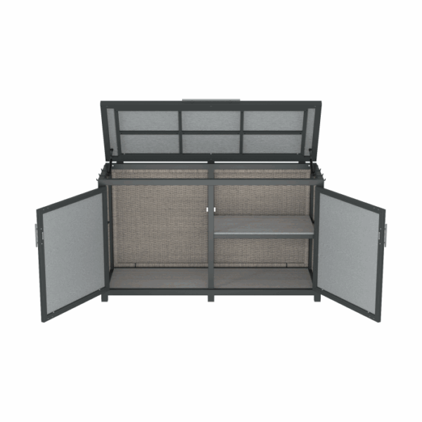 The Telluride Spa Storage Grey cabinet features two front doors that open to reveal two shelves on the right and a large open space on the left, with an open top lid for easy access.