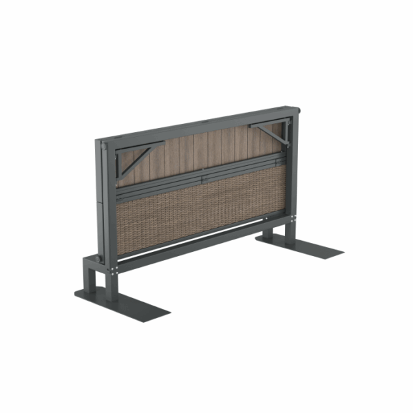 The Banff Spa Privacy Screen Brown features a metal frame, wood-like upper panel, and woven lower panel, shown partially extended against a white background.