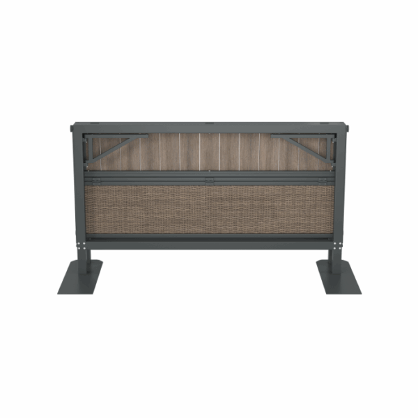 The Banff Spa Privacy Screen Brown features a metal frame, with a woven panel at the bottom and a wood-textured panel at the top. It stands securely on two flat metal bases.