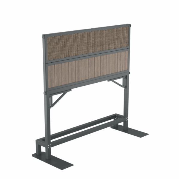 The Banff Spa Privacy Screen Brown is a freestanding privacy screen with a metal frame, woven panel on top, wood-look panels below, and wide flat metal feet for support.