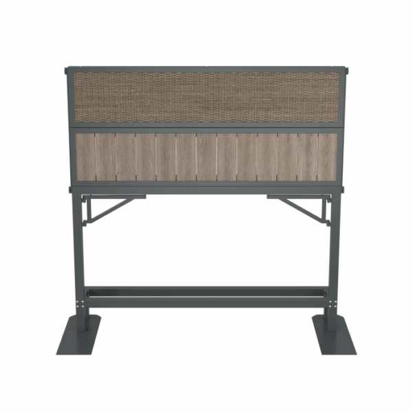 The Banff Spa Privacy Screen Brown is a modern, freestanding room divider with a metal frame, woven rattan upper panel, and horizontal wooden slats on the lower section, shown from the front against a white background.