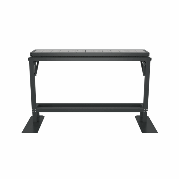 The Banff Spa Privacy Screen Grey is shown from the front against a white background; it features a slatted grey design with sturdy rectangular legs and wide, flat feet for stability.