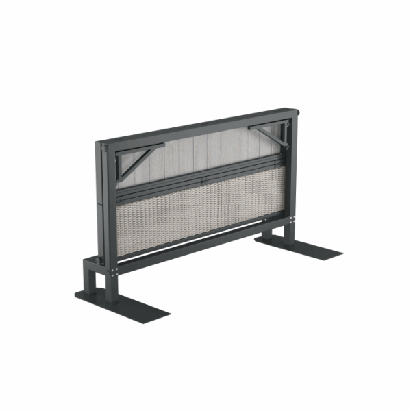 The Banff Spa Privacy Screen Grey features a freestanding rectangular design with a black metal frame, woven grey panel, and wide flat feet for support, shown isolated on a white background.