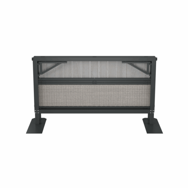 The Banff Spa Privacy Screen Grey is a freestanding partition with a dark metal frame, a solid top panel, and a woven or textured panel at the bottom, supported by two wide, flat base feet.