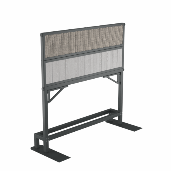 The Banff Spa Privacy Screen Grey features a metal frame, a woven rattan upper panel, and a wood-like lower panel, shown against a white background.