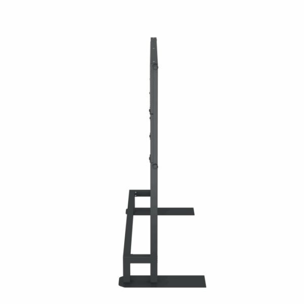Side view of the Banff Spa Privacy Screen Grey, a slim, rectangular, dark-colored metal stand with a flat base and vertical support, isolated on a white background.