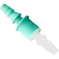 A close-up of the OZONE-Ck Valve 1/4INx3/8IN Bar, a turquoise plastic check valve with barbed ends for tubing and a FLOW label showing direction, shown against a white background.
