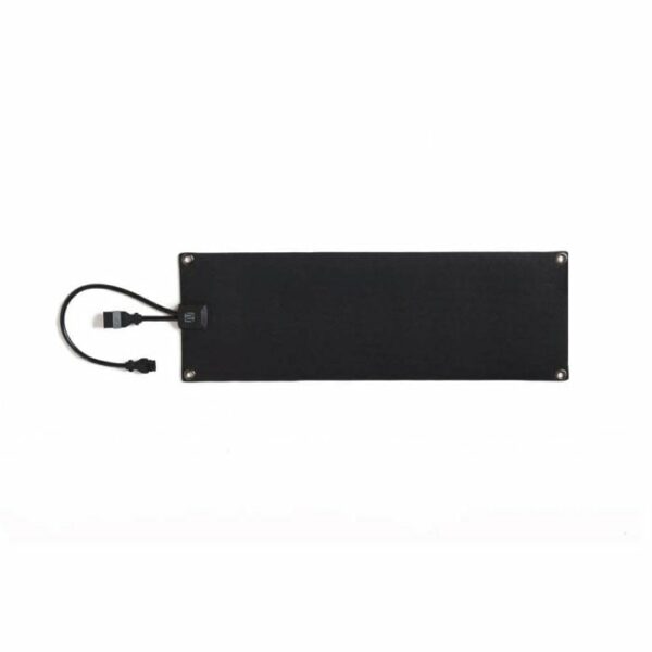 The HeatTrak 10 x 30 Heated Stair Mat is a rectangular black pad with four metal-reinforced corners and a power cord on the left side, shown against a white background.