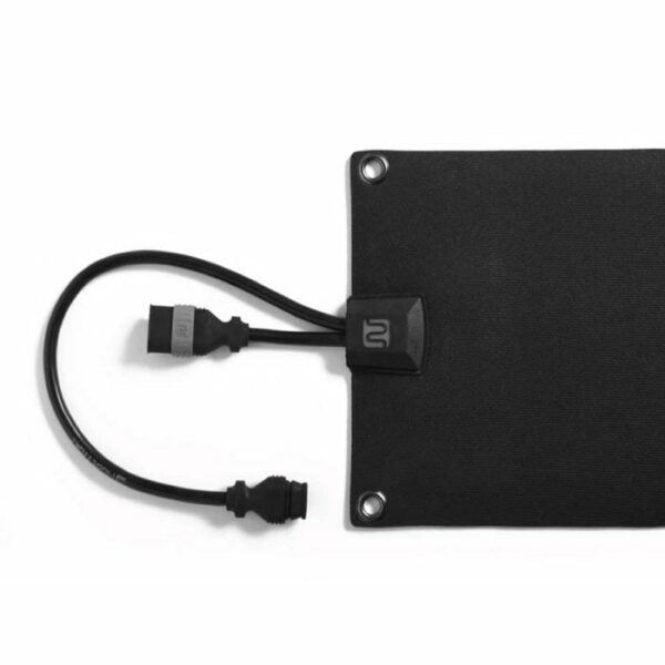 A close-up of the HeatTrak 10 x 30 Heated Stair Mat, a black rectangular mat with metal-reinforced corner holes and two attached cables—one with a distinctive connector—set against a white background.