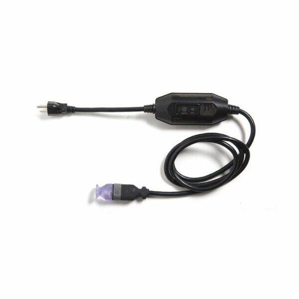 The HeatTrak Power Unit for Residential Mats features a black coiled cord with a plug on one end, a GFCI box in the middle, and a connector with a translucent purple cap on the other end.