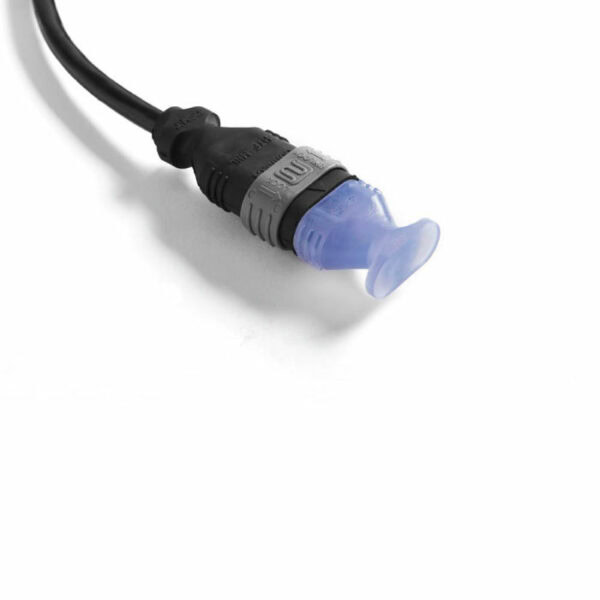 A close-up of the HeatTrak Power Unit for Residential Mats shows a black cable ending in a gray and translucent blue connector, set against a white background.