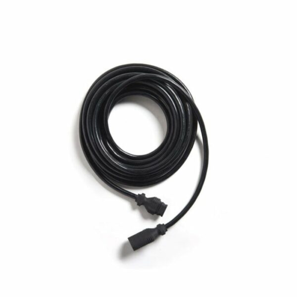 The HeatTrak Watertight Cable Extender 25 is a coiled black electrical cable featuring connectors on both ends, shown against a white background.
