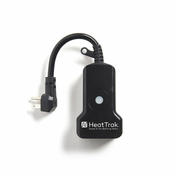 The HeatTrak Outdoor Smart Home Wi-Fi Wireless Outlet, shown on a white background, is black with a three-prong plug and short, flexible cord—ideal for connecting snow and ice melting mats.
