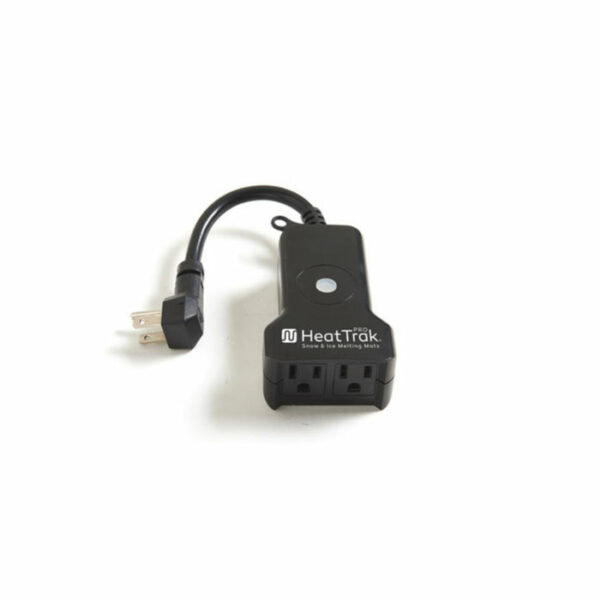 The HeatTrak Outdoor Smart Home Wi-Fi Wireless Outlet is a black, angled-plug outlet with a short power cord and two sockets, featuring a top button; designed for use with outdoor heating mats.