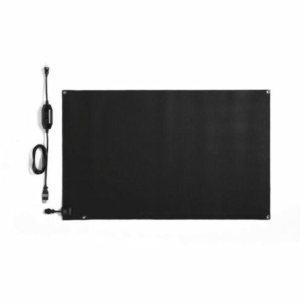 The HeatTrak Heated Snow Melting Entrance Mat (Medium, 30 x 48) is a rectangular black mat with rounded corners. It has a power cord and control switch on the left side, plus four metal grommets for mounting or securing at each corner.