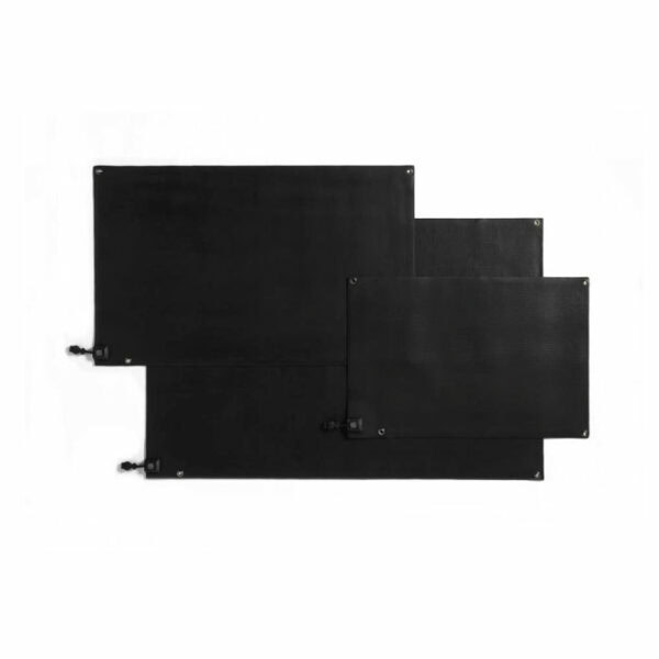 Three black HeatTrak Heated Snow Melting Entrance Mats (Medium, 30 x 48) overlap on a white background. Each mat features metal grommets in the corners and adjustable cords attached.