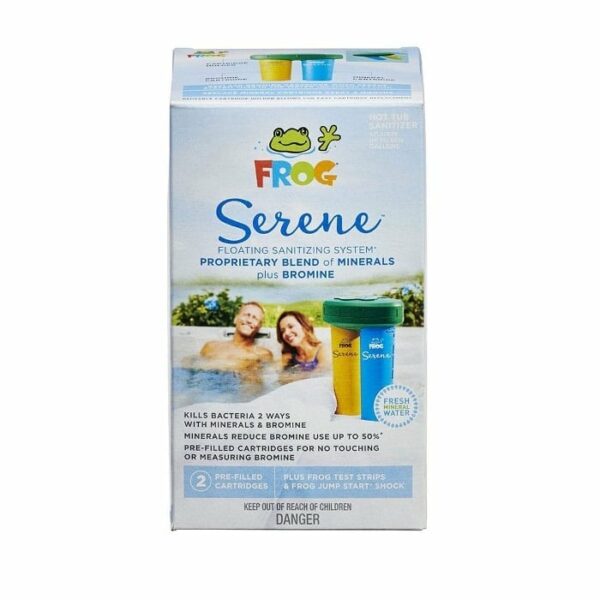 Front view of a FROG Serene Floating System (formerly SPA FROG) box, showing a smiling couple in a pool and the mineral cartridge image. Text highlights mineral and bromine use for pool sanitization.