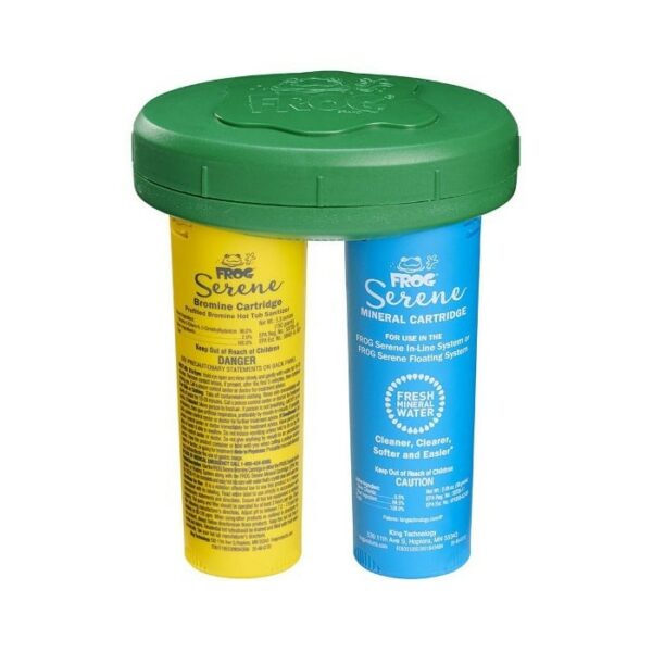 The FROG Serene Floating System features a green-topped dispenser with yellow bromine and blue mineral cartridges for pool or spa water treatment.
