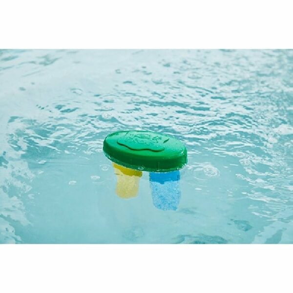 The FROG Serene Floating System, a green plastic device with yellow and blue popsicle-shaped parts, floats on clear, rippling water.