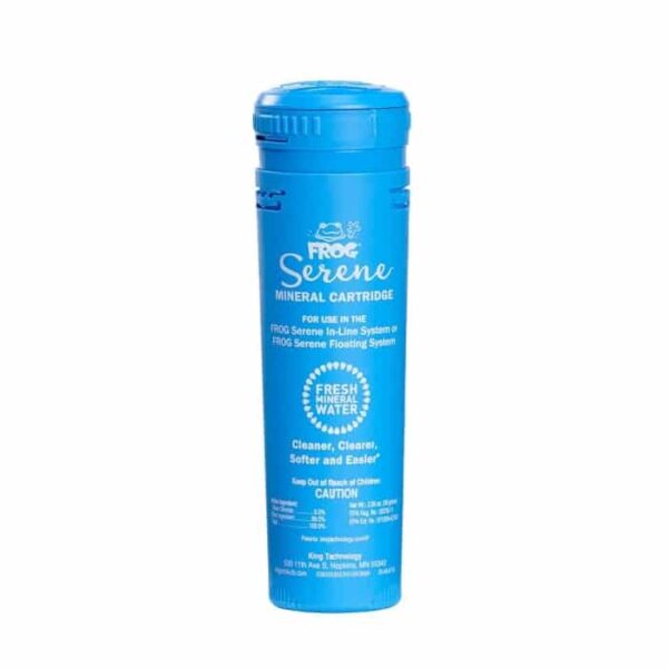 The FROG Serene Mineral Cartridge is a blue, cylindrical spa water product featuring white text and graphics. It stands upright and is designed to keep your spa water clean and fresh.
