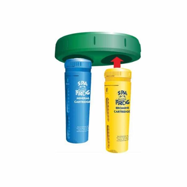 A blue FROG Serene Mineral Cartridge and a yellow bromine cartridge are shown below a green spa cartridge holder, with a red arrow pointing upward to show how to insert them.