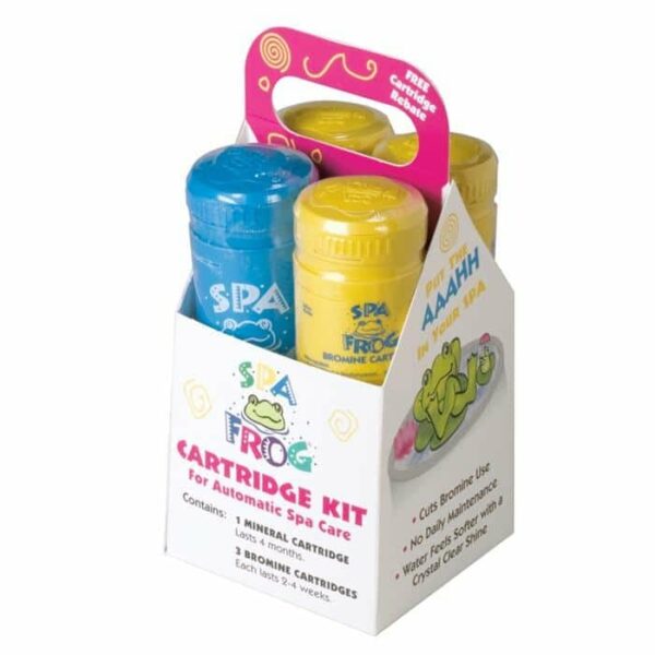 The FROG Serene Cartridge Kit includes a white cardboard carrier with a handle, holding four colorful spa care cartridges—two blue and two yellow—with product info printed on the front and sides.