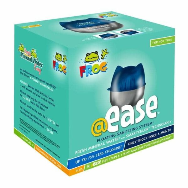 A box of FROG @ease Floating System for hot tubs, with green and blue graphics, product images, and text that highlights mineral water benefits and lower chlorine use.