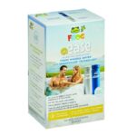 A box of FROG @ease In-line System for hot tubs, showing a couple in a hot tub, product images, and text highlighting mineral water benefits, SmartChlor technology, and sanitizer features.