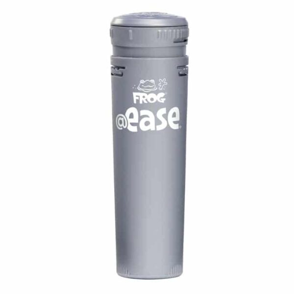 A tall, cylindrical gray container with a screw-on lid, labeled FROG @ease In-line Smartchlor in white letters and featuring a small frog illustration above the text.