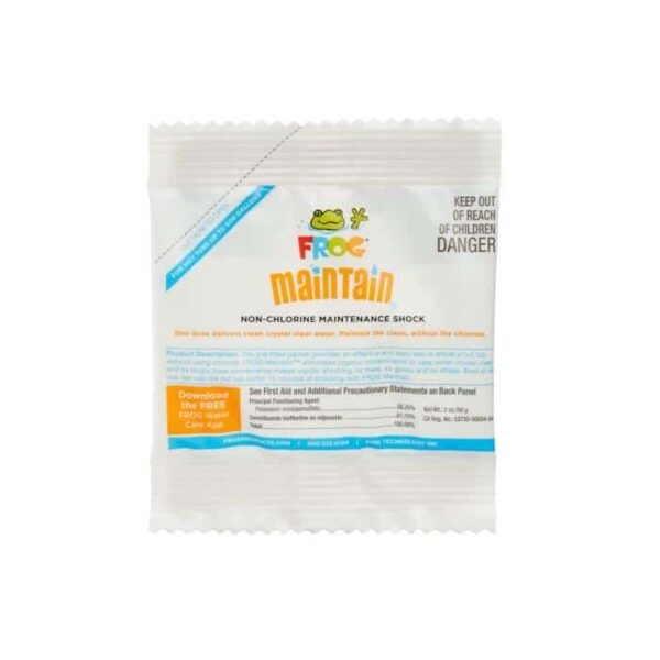A white packet labeled FROG Maintain™ features a cartoon frog, safety warnings, and instructions on the front. Ideal for pool or spa maintenance.