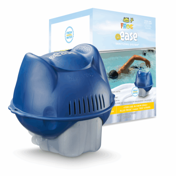 A blue and gray FROG @EASE FLOATING SYSTEM SWIM SPA device sits in front of its box, which displays a swimmer using a spa and details about hot tub water sanitization.