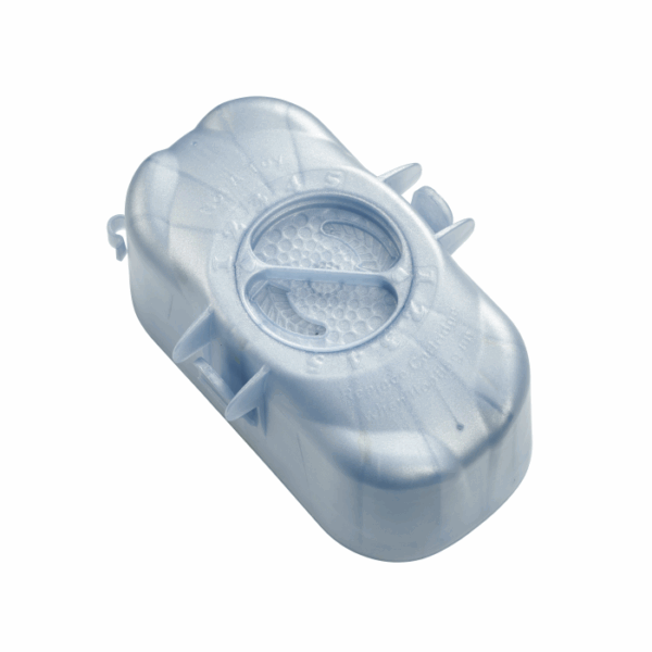 A light blue plastic Frog @ease Swim Spa Replacement Chlorine Cartridge with a textured, circular opening and raised text on top, designed to hold cleaning tablets. The cartridge features ridges and small side hooks for secure placement.