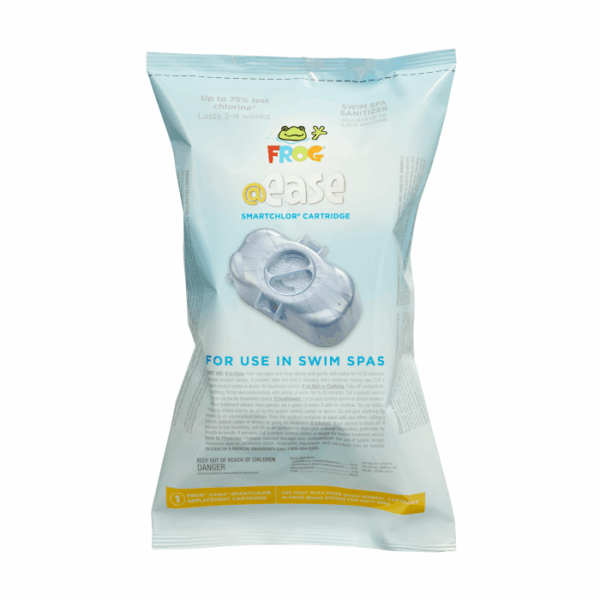 A sealed package of Frog @ease Swim Spa Replacement Chlorine Cartridge features light blue packaging with white and yellow text and a product image centered on the front, designed specifically for swim spa use.