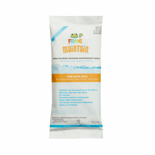 A white pouch of Frog @EASE Maintain 16oz. for Swim Spas, a non-chlorine oxidizing shock for swim spas, features blue and yellow graphics with product details and instructions on the front.