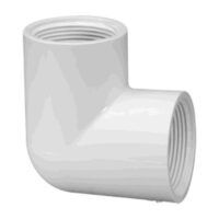 The 90DEG ELL 1-1/2IN FIPT is a white plastic elbow fitting with threaded openings on both ends, designed to connect two pipes at a 90-degree angle.