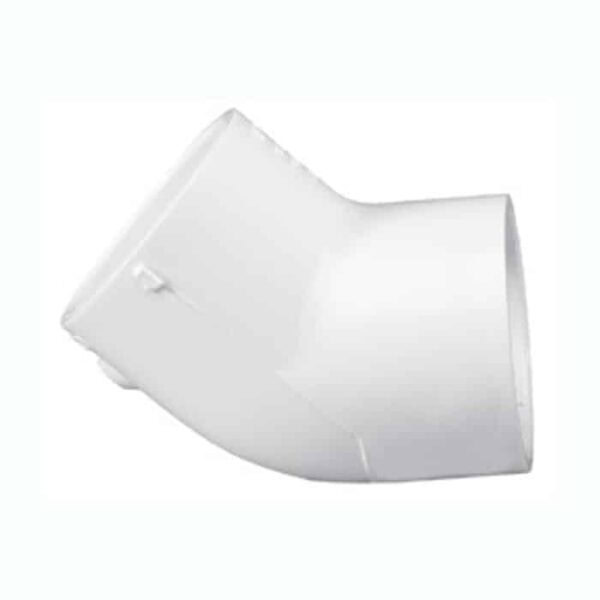 The 1-1/2IN 45 Elbow Slip is a white PVC fitting with a 45-degree bend, designed to change the direction of plumbing or drainage pipes.