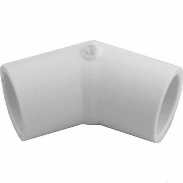 The Elbow, 45° 1/2 Slip x 1/2 Slip is a white plastic pipe fitting with two open ends, angled at 45°, commonly used to connect two pipes at a 45-degree angle.
